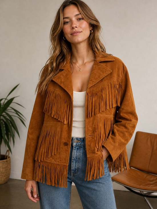 Vintage Jackets & Blazers - Fringe Suede Jacket in Cognac Brown - Women's Outerwear